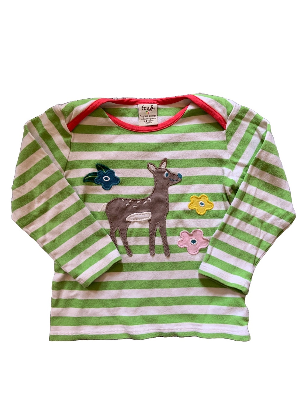 Frugi 3-4 Green & White Striped Deer Appliqué Kids Long Sleeve Top